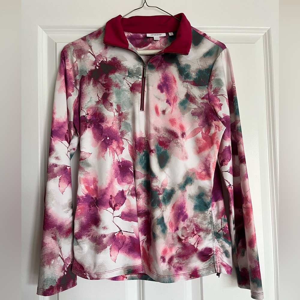 Chicos Floral Quarter-Zip Pullover Zenergy